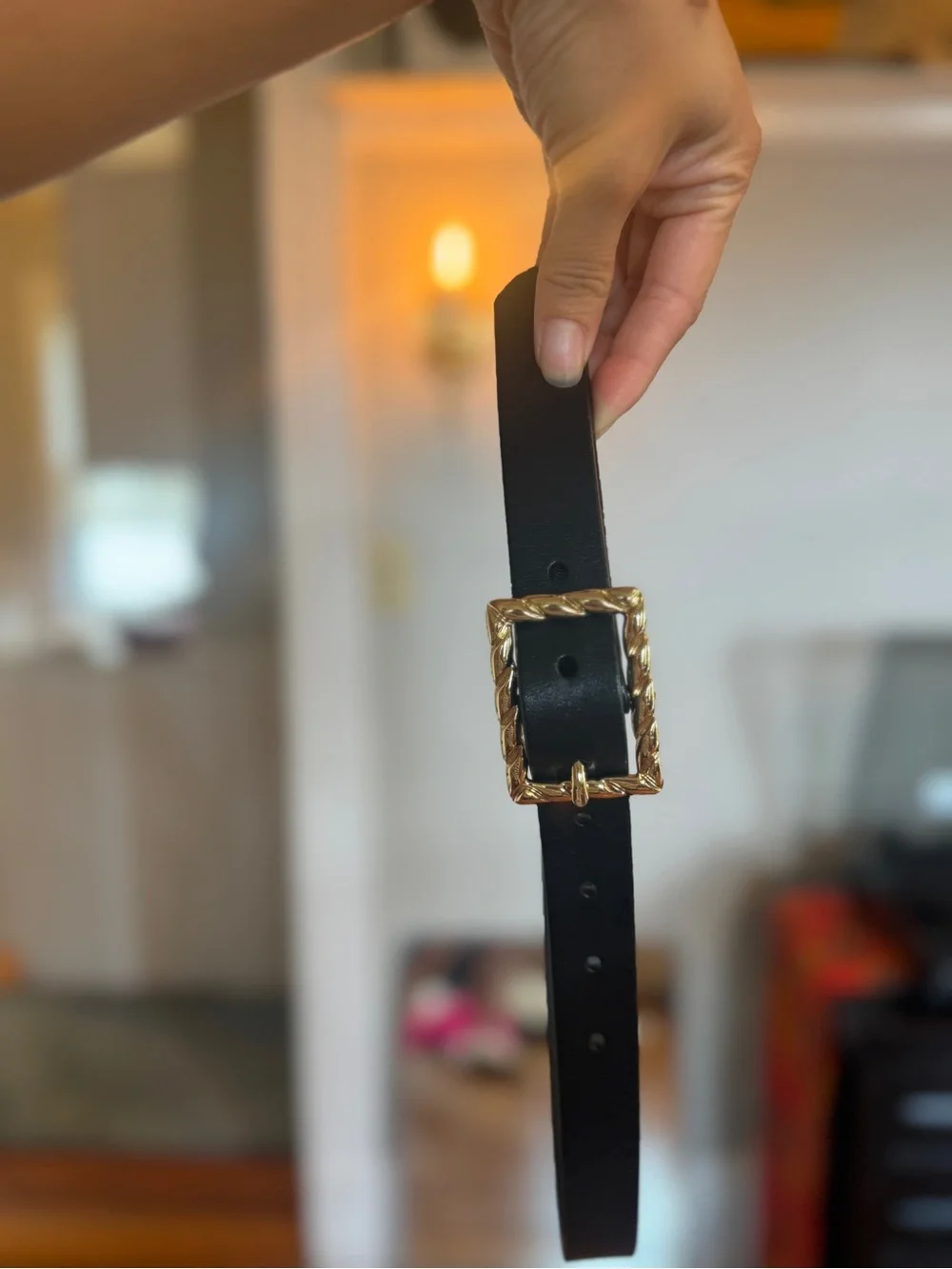 J.Crew Size Xs Black Leather Belt with Gold Rope-Frame Buckle